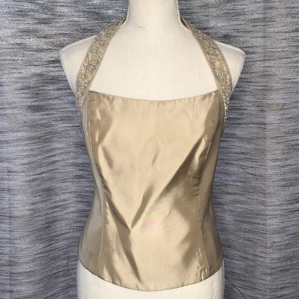 DAVID’s BRIDAL SIZE 10 HALTER TOP WITH BEADED TRIM BISQUE in color